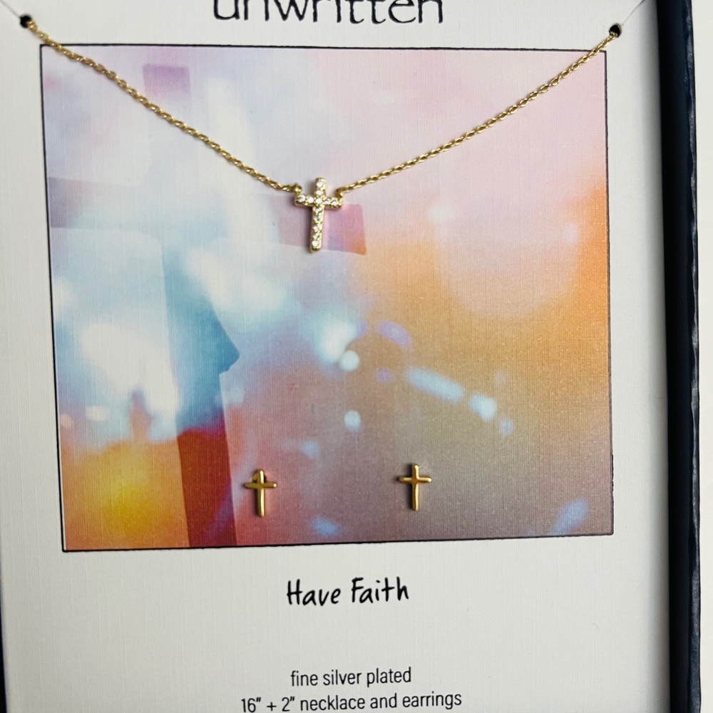 Unwritten Cross Pendant Necklace And Earrings Jewelry Set New Box
